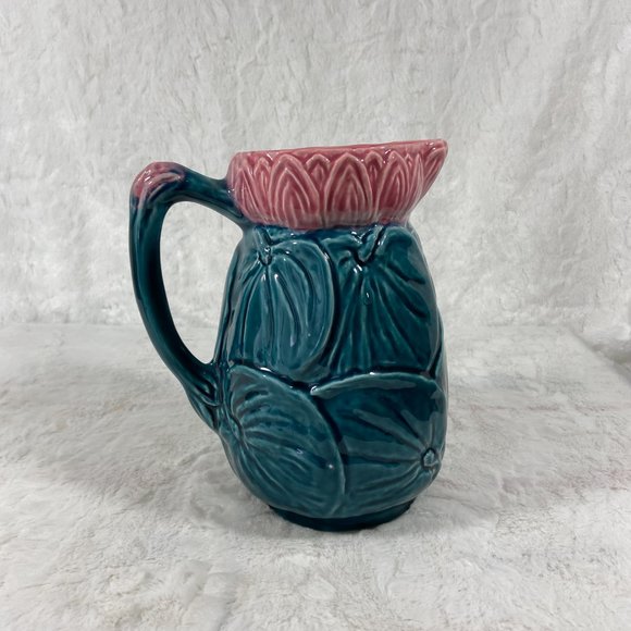 English water lily pitcher Pottery 481 New Arsenal pottery Teal Pink - Picture 3 of 11
